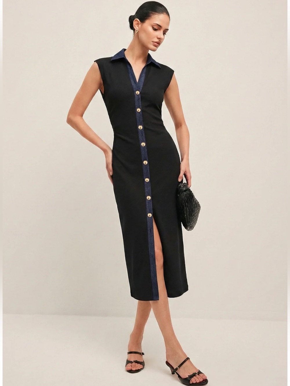 Commense Denim Panel Button-Front Denim Collared Midi Dress M